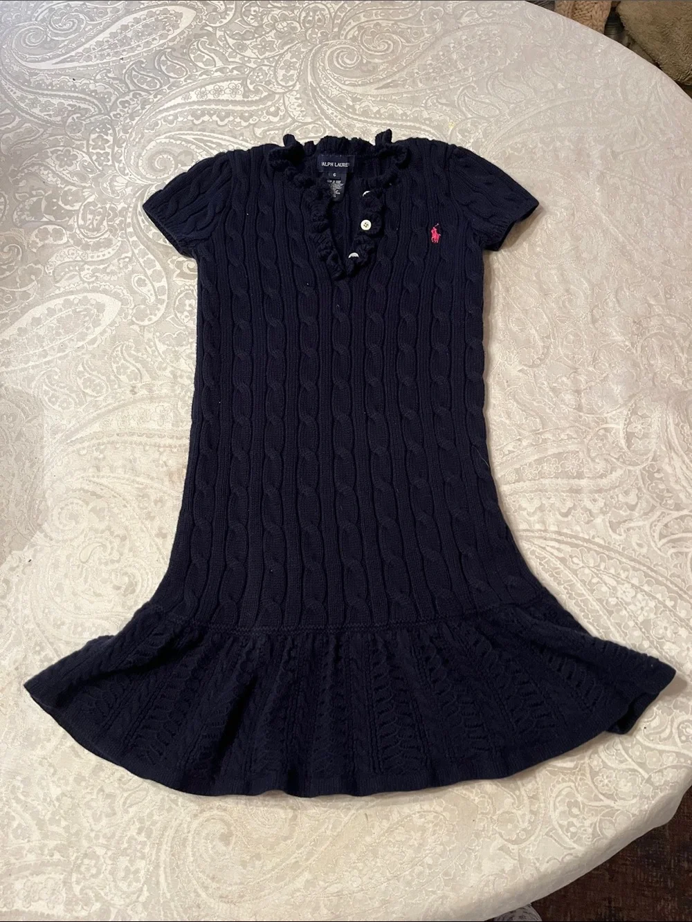 Ralph Lauren Girl Size 6 Navy Blue Cotton Cable Knit Dress in EUC